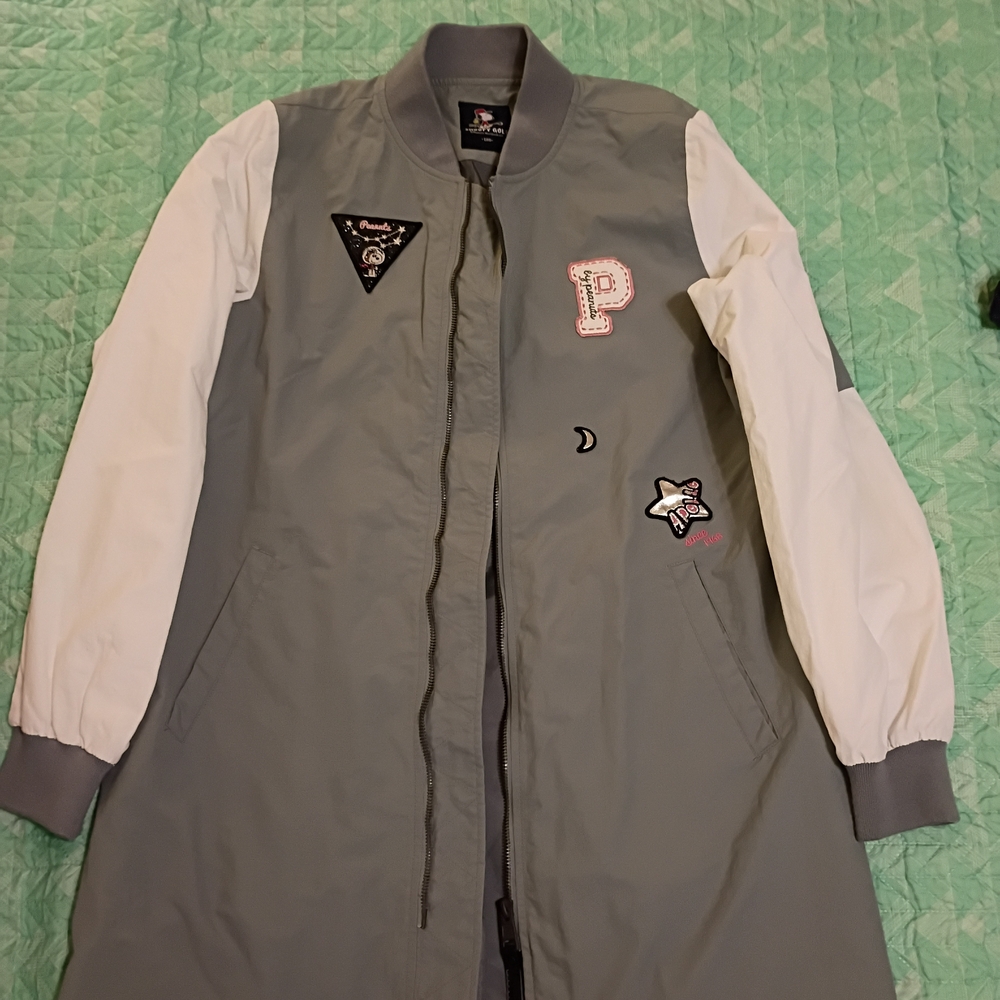 SNOOPY Gray and White Long Bomber Jacket with Patches